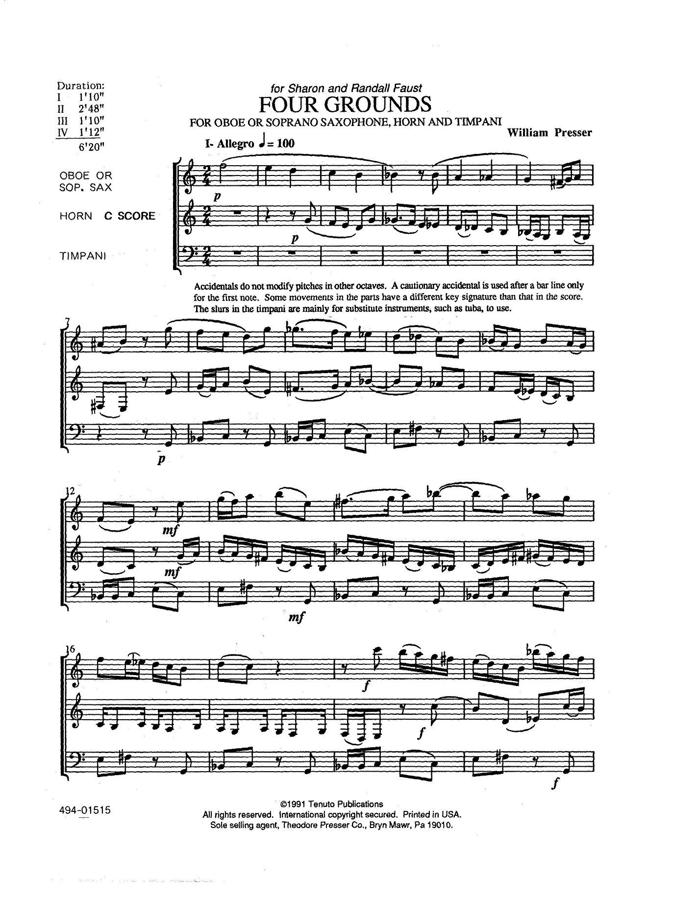 Four Grounds for Oboe or Soprano Saxophone, Horn and Timpani by William Presser