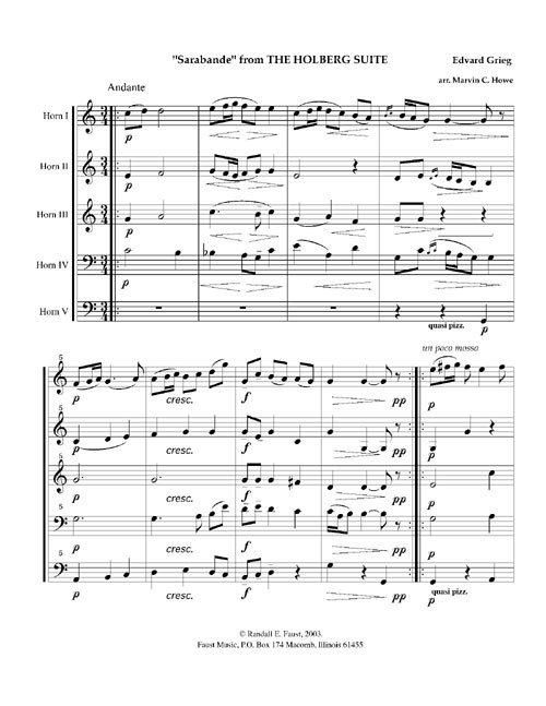 Sarabande from The Holberg Suite by Edvard Grieg arranged for Horn Quintet or Horn Choir by Marvin C. Howe