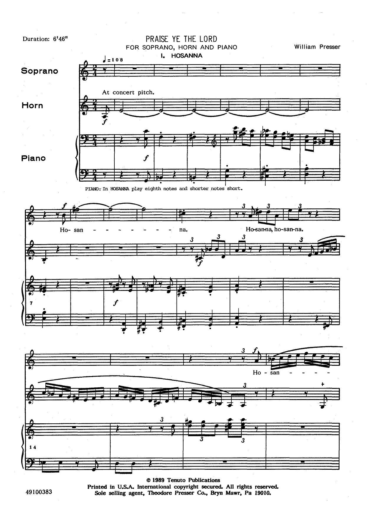 Praise Ye The Lord for Soprano, Horn, and Piano by William Presser