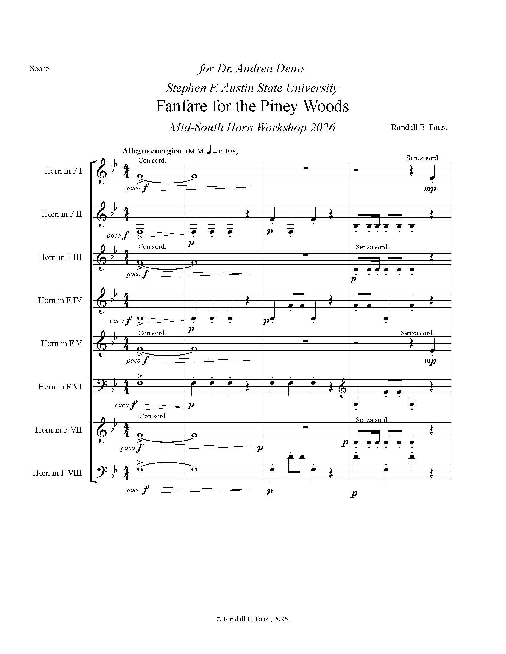 Fanfare for the Piney Woods for Horn Octet  by Randall E. Faust (2026)