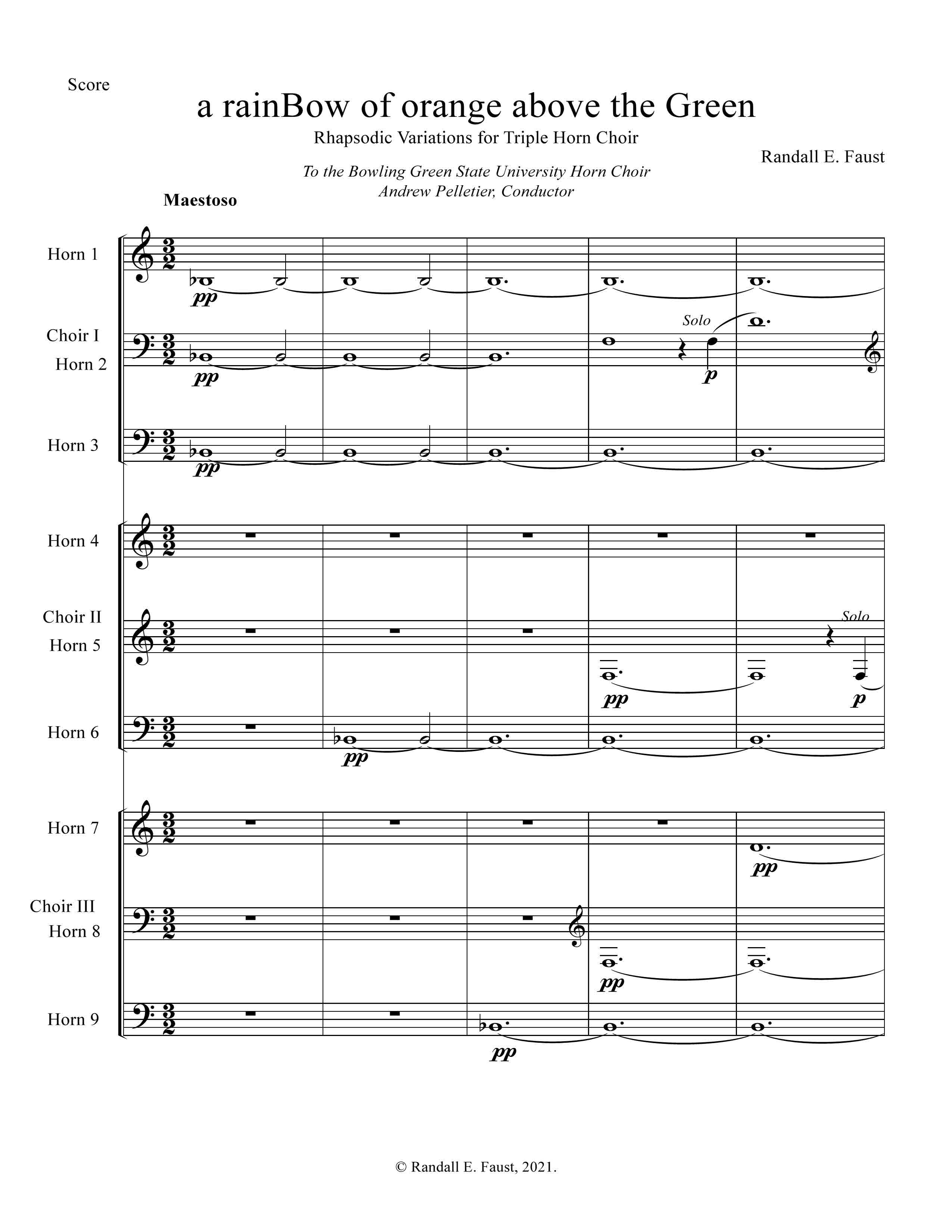 a rainBow of orange above the Green-Rhapsodic Variations for Triple Horn Choir (2021)