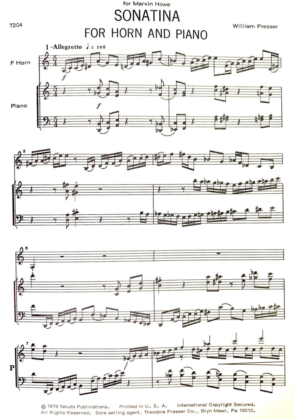 Sonatina for Horn and Piano by William Presser