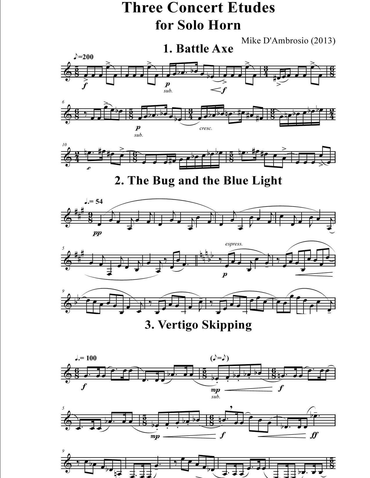 Three Concert Etudes for Solo Horn by Mike D'Ambrosio (2013)